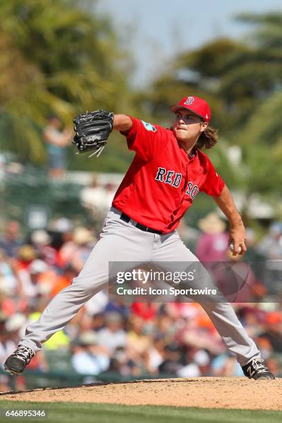 Jalen Beeks of the Red Sox delivers a pitch to the plate during the spring training game between the Boston Red Sox and the Baltimore Orioles on...