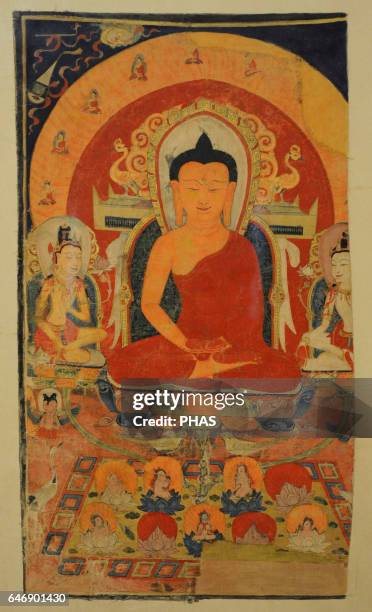 The Pure Land of Buddha Amitabha. Tangut State of the Western Xia . Khara-Khoto. 12th century. Tangka; colours on cotton. The State Hermitage Museum,...