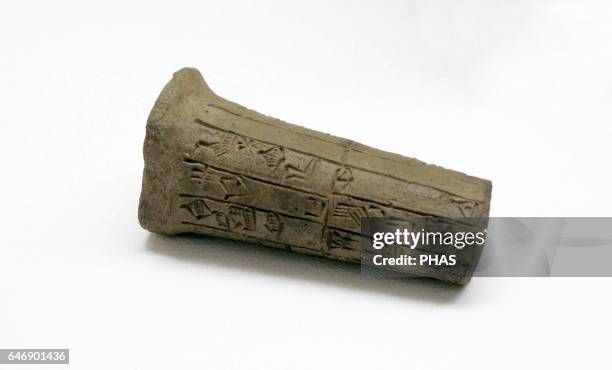 Sumer. Mesopotamia. Near East. Early Dynastic Period. Clay nail of Enanatum I with a building inscription devoted to the construction of the temple...