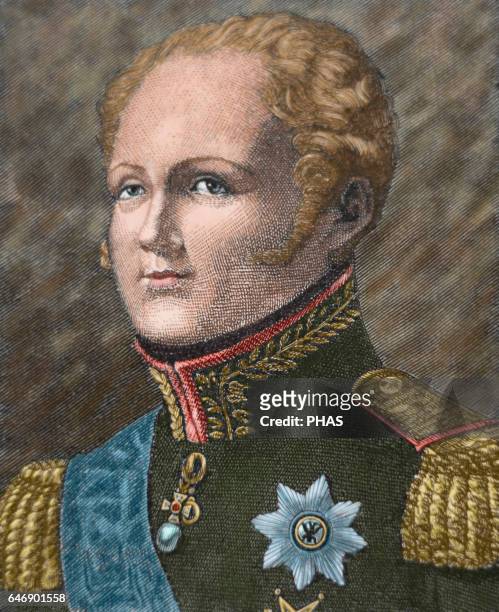 Alexander I of Russia . Emperor of Russia , the first King of Poland and the first Russian Grand Duke of Finland. Portrait, engraving, 19th century....