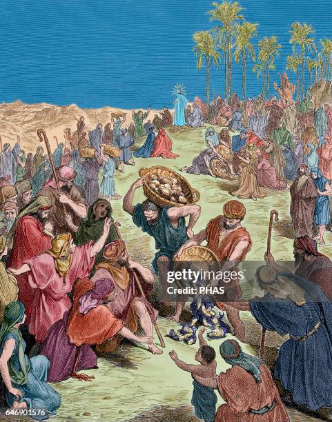 The Feeding of the 4000. Gospel of Matthew. Chapter 15. Verses 30 to 37. Illustration by Gustave Dore . Colored engraving.