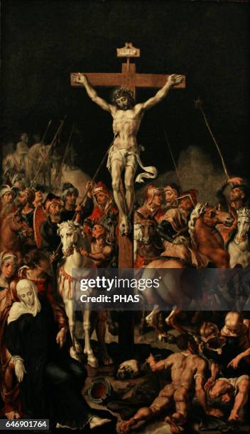 Maerten van Heemskerck . Dutch painter. Calvary , 1545-1550. Jesus crucified in the central panel. Detail. Oil on canvas mounted on panel. The State...