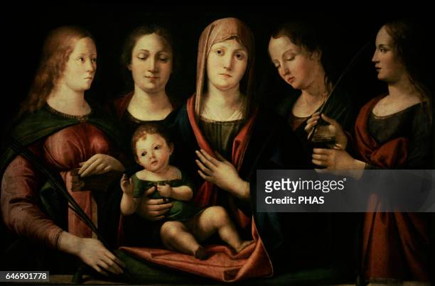 Alvise Vivarini, . Italian painter. Madonna and Child, with Sts Mary Magdalene, Catherine and Two Saints, 1490s. Oil on canvas. The State Hermitage...