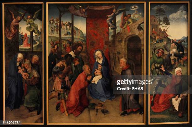 Hugo van der Goes . Flemish painter. Adoration of the Magi . Adoration of Magi, central panel; The Circumcision, left panel; The Massacre of the...