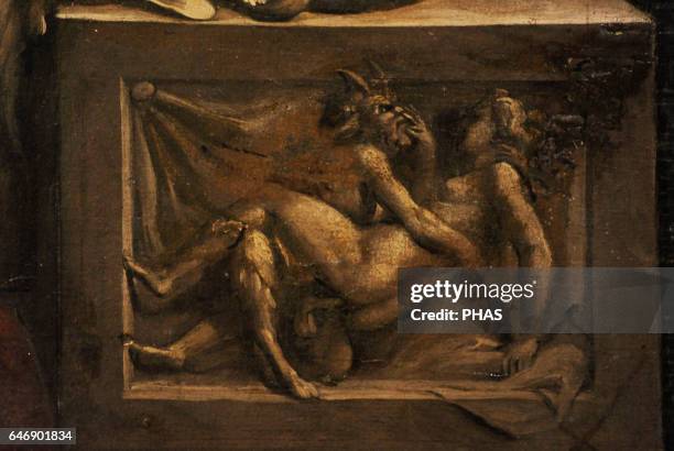 Giulio Romano . Italian painter and architect. Roman school. Love Scene , 1524-1525. Detail of the bedpost. Satyr with a nymph. Oil on canvas. The...