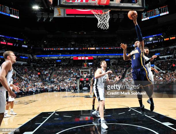 Lavoy Allen of the Indiana Pacers goes for a lay up against the San Antonio Spurs during the game on March 1, 2017 at the AT&T Center in San Antonio,...