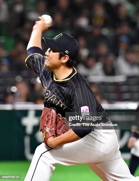 Tomoyuki Sugano of Japan throws during the SAMURAI JAPAN Send-off Friendly Match between CPBL Selected Team and Japan at the Yafuoku Dome on March 1,...