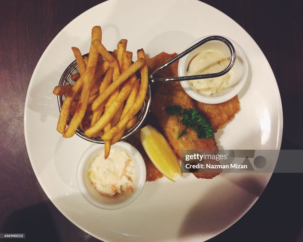 Fish and chips view from top.