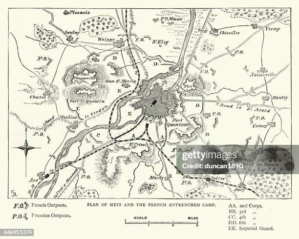 ilustrações, clipart, desenhos animados e ícones de guerra prussiana de franco - plano de metz e campo francês - lorraine