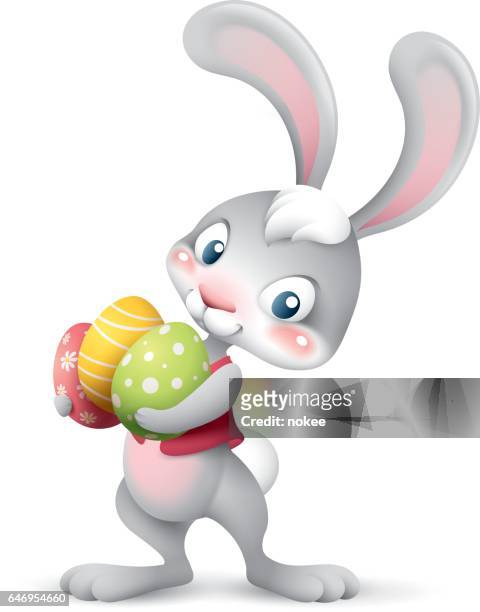 ilustraciones, imágenes clip art, dibujos animados e iconos de stock de conejo de pascua sosteniendo el montón de huevos - easter bunny