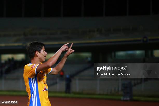 Jurgen Damm of Tigres celebrates after scoring the second goal of his team during the quarterfinals second leg match between Pumas UNAM and Tigres...