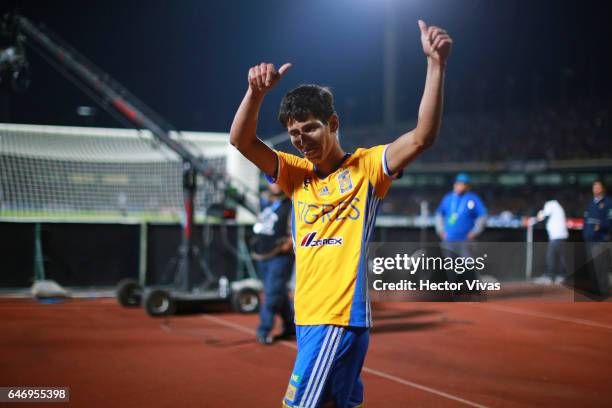 Jurgen Damm of Tigres celebrates after scoring the second goal of his team during the quarterfinals second leg match between Pumas UNAM and Tigres...