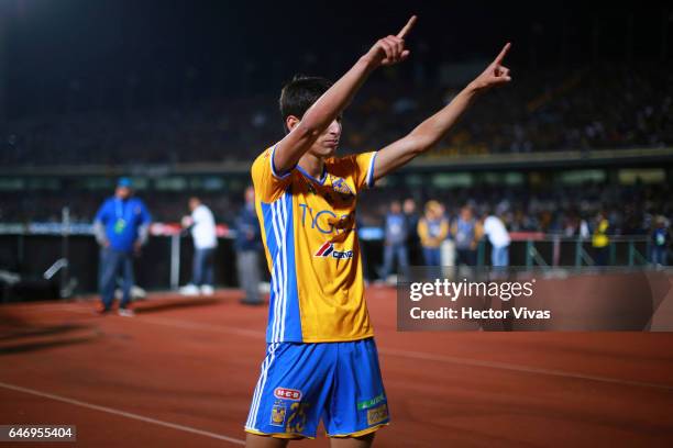 Jurgen Damm of Tigres celebrates after scoring the second goal of his team during the quarterfinals second leg match between Pumas UNAM and Tigres...