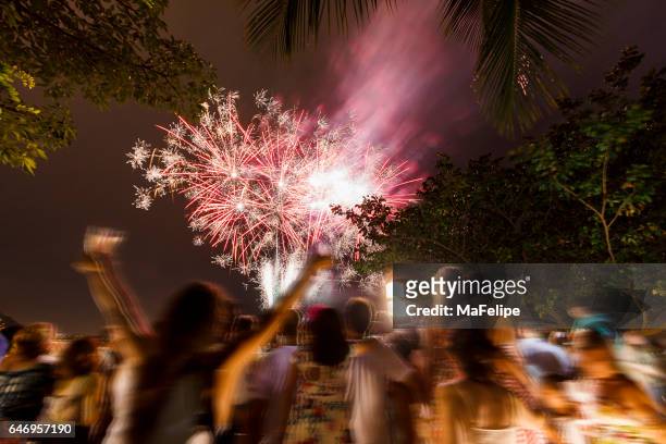 fireworks at copacabana beach at new year's day - copacabana imagens e fotografias de stock