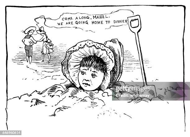 ilustraciones, imágenes clip art, dibujos animados e iconos de stock de niño victoriano enterrado hasta la cabeza en la playa - abuso infantil