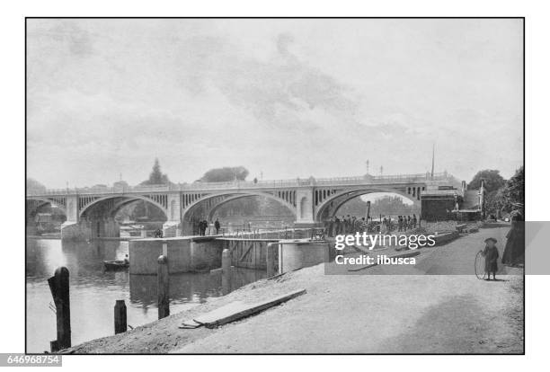 antique london's photographs: richmond lock and footbridge - richmond park stock illustrations