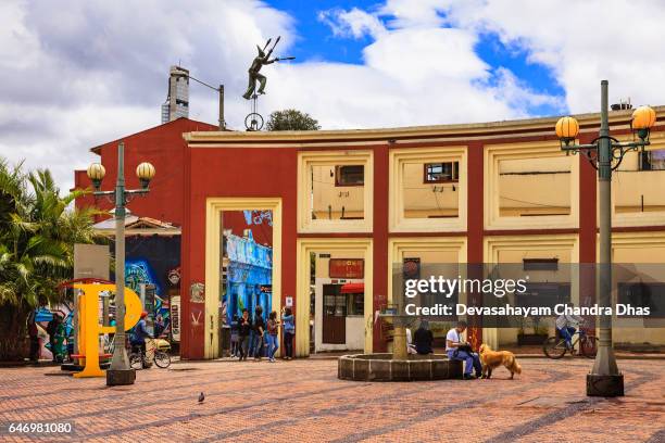 bogota, colombia - local tourists on plaza chorro de quevedo in the historic la candelaria district - plaza del chorro de quevedo stock pictures, royalty-free photos & images