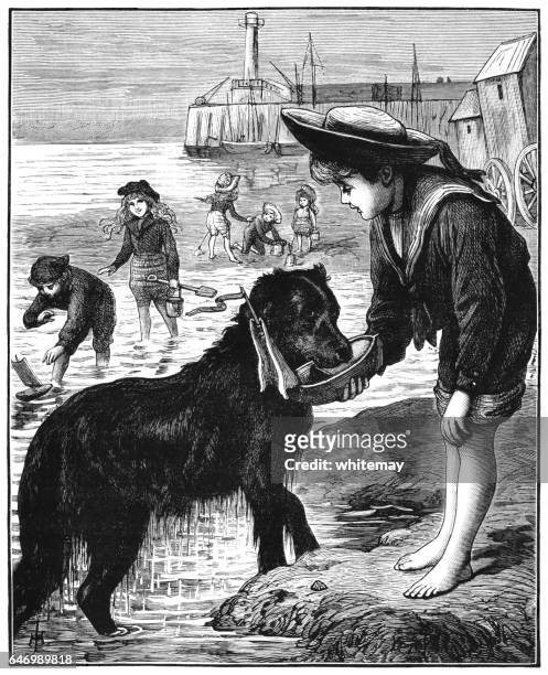 victorian children and dog on the beach - child dig history stock illustrations
