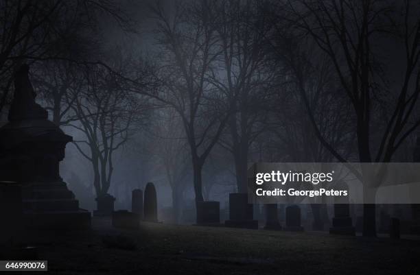 cementerio de spooky en la noche con niebla - tombstone fotografías e imágenes de stock