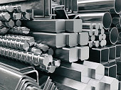 Metal profiles and tubes. Different stainless steel products.