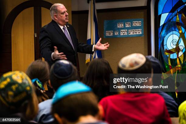 Governor Larry Hogan speaks to the 5th grade class during a visit to Charles E. Smith Jewish Day School in Rockville, Maryland Friday, December 16,...