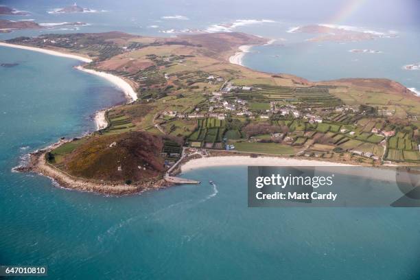 St Martin's on the Isles of Scilly is seen from the air on February 23, 2017 in Cornwall, England. The temperate Isles of Scilly, with a population...