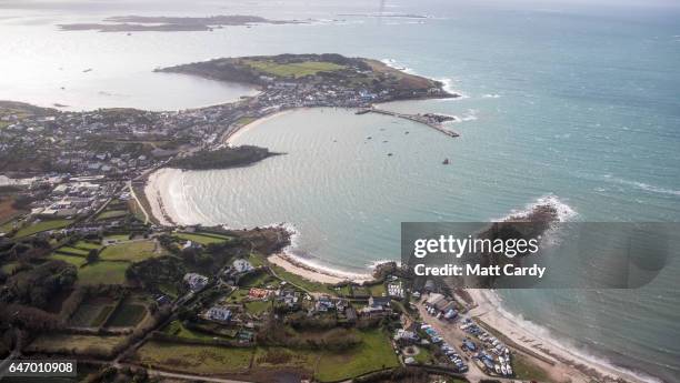 Hugh Town on St Mary's on the Isles of Scilly is seen from the air on February 23, 2017 in Cornwall, England. The temperate Isles of Scilly, with a...