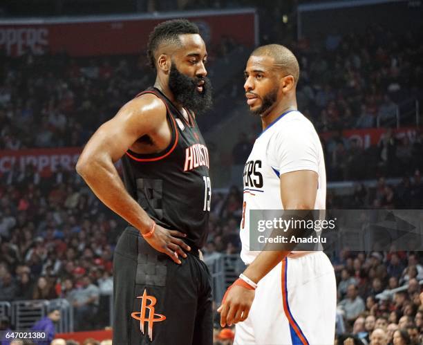 Chris Paul of Los Angeles Clippers and James Harden of Houston Rockets are seen during the NBA match between Los Angeles Clippers and Houston Rockets...