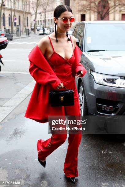 Super Model Bella Hadid seen arriving at Lanvin fashion show in Paris, France, on 1st March 2017.