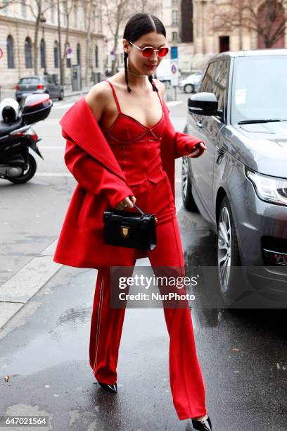 Super Model Bella Hadid seen arriving at Lanvin fashion show in Paris, France, on 1st March 2017.