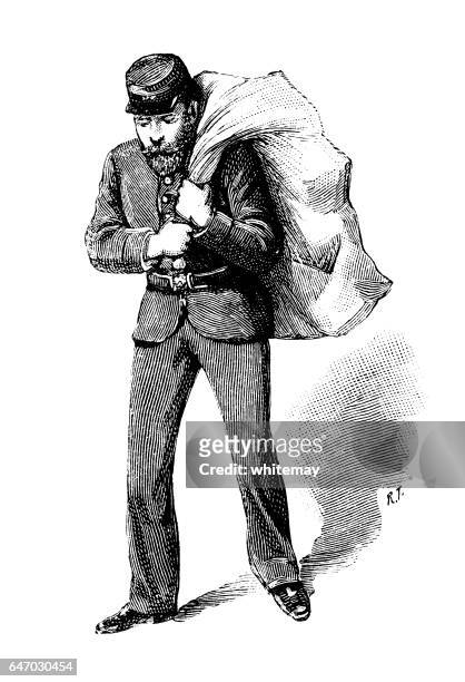 victorian postman with a loaded sack - english culture stock illustrations