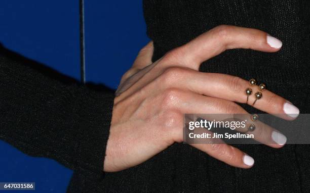 Model Alina Baikova, jewelry detail, attends the season 2 premiere of "Shades Of Blue" hosted by NBC and The Cinema Society at The Roxy on March 1,...