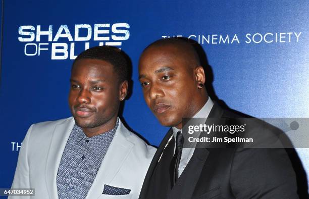 Actors Dayo Okeniyi and Hampton Fluker attend the season 2 premiere of "Shades Of Blue" hosted by NBC and The Cinema Society at The Roxy on March 1,...