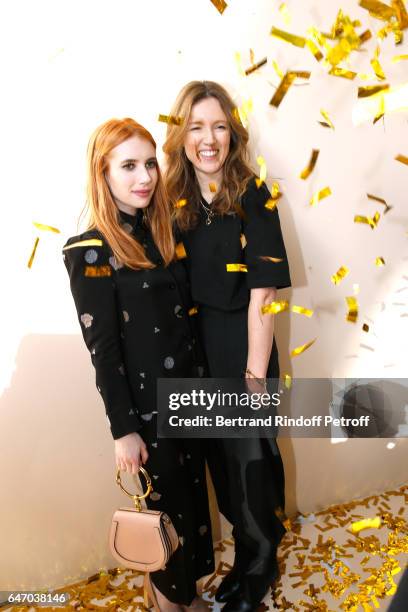 Emma Roberts and Stylidt Clare Waight Keller pose backsytage after the Chloe show as part of the Paris Fashion Week Womenswear Fall/Winter 2017/2018...