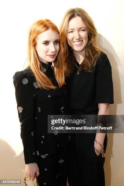 Emma Roberts and Stylidt Clare Waight Keller pose backsytage after the Chloe show as part of the Paris Fashion Week Womenswear Fall/Winter 2017/2018...