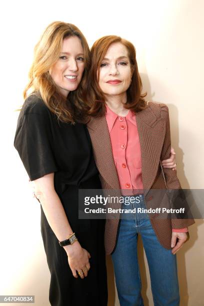Stylidt Clare Waight Keller and Isabelle Huppert pose backsytage after the Chloe show as part of the Paris Fashion Week Womenswear Fall/Winter...
