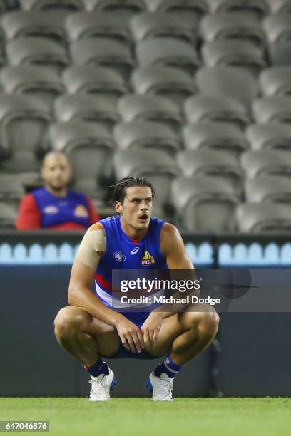 Tom Boyd of the Bulldogs reacts after their defeat during the 2017 JLT Community Series AFL match between the Western Bulldogs and the Brisbane Lions...