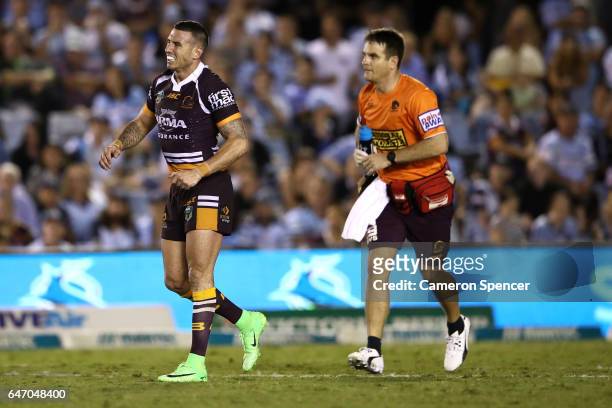 Darius Boyd of the Broncos limps during the round one NRL match between the Cronulla Sharks and the Brisbane Broncos at Southern Cross Group Stadium...