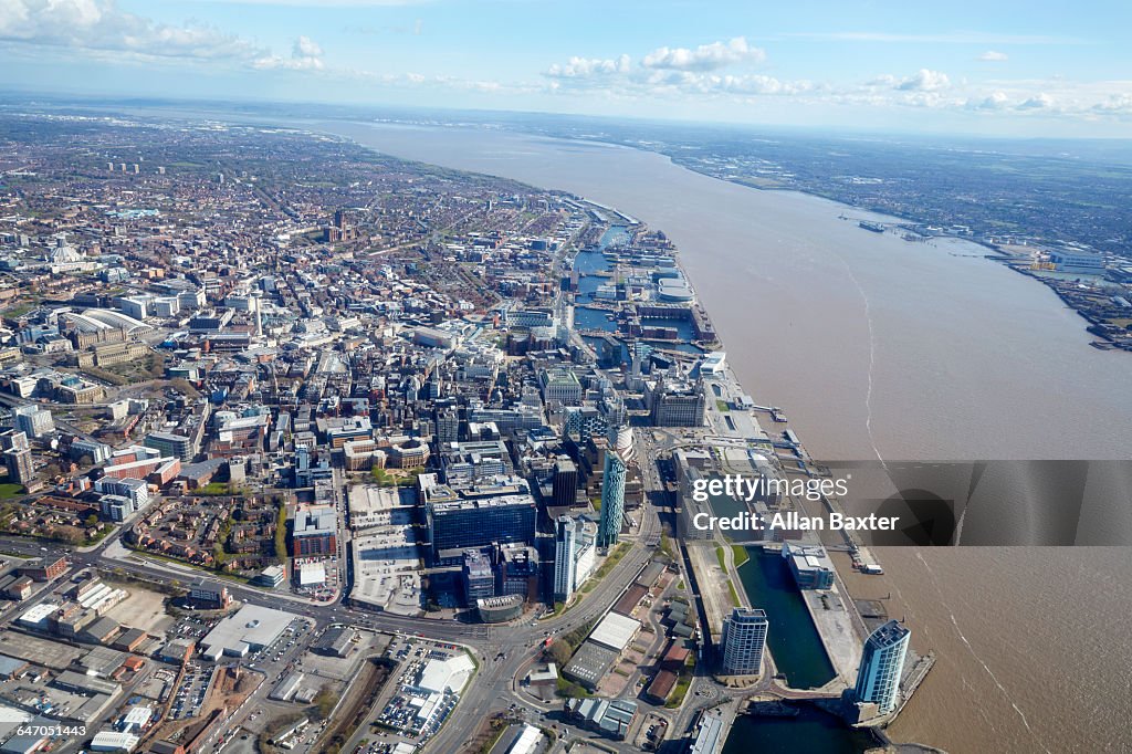 Aerial view Liverpool City Centre and River Mersey