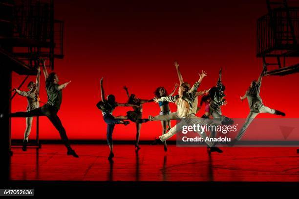 Theatre players perform on the stage of American musical "West Side Story" for the press members in Zorlu Performing Art Center in Istanbul, Turkey...