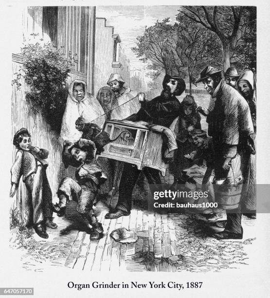 organ grinder in new york city victorian engraving, 1887 - female monkey costume stock illustrations