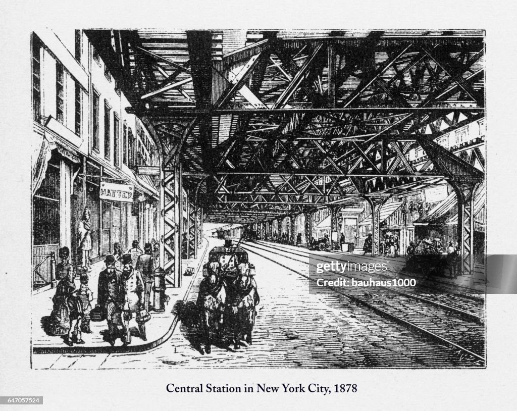 Central Station in New York City Victorian Engraving, 1878
