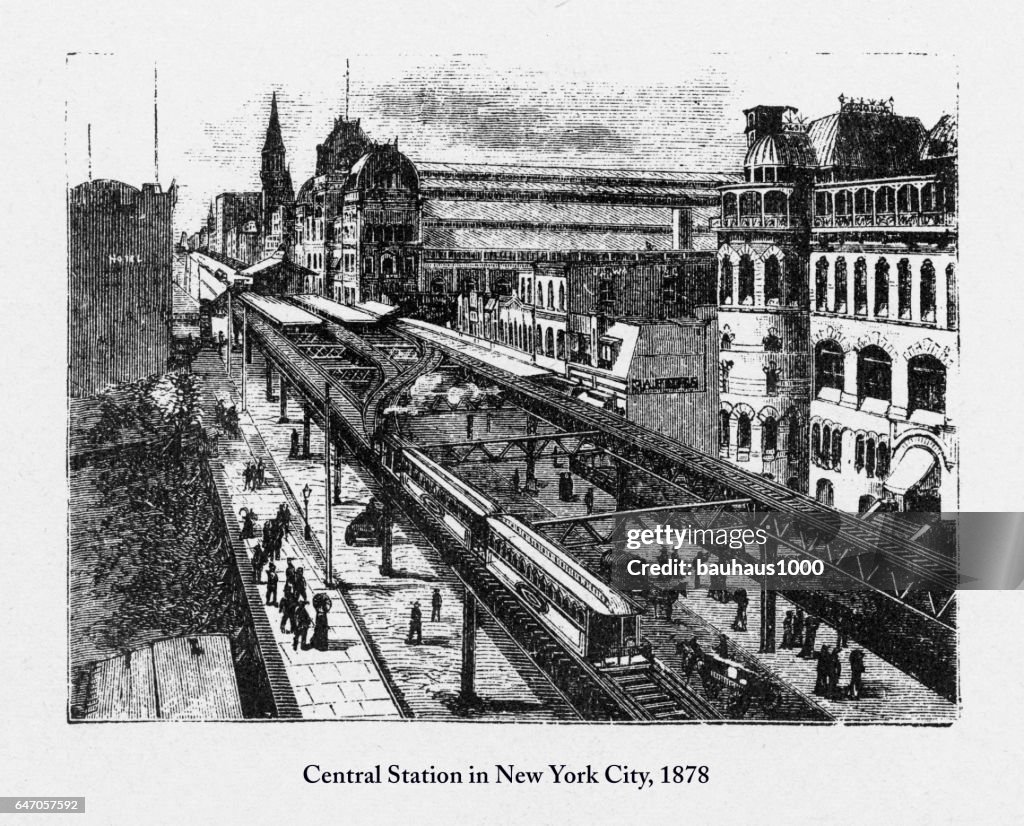 Central Station in New York City Victorian Engraving, 1878