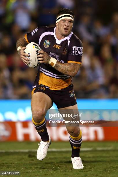 Josh McGuire of the Broncos runs the ball during the round one NRL match between the Cronulla Sharks and the Brisbane Broncos at Southern Cross Group...