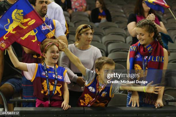 Lions fans show their support during the 2017 JLT Community Series AFL match between the Western Bulldogs and the Brisbane Lions at Etihad Stadium on...