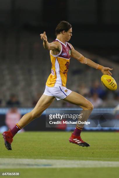 Eric Hipwood of the Lions kicks the ball during the 2017 JLT Community Series AFL match between the Western Bulldogs and the Brisbane Lions at Etihad...