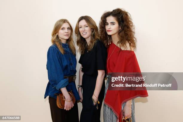 Clemence Poesy, Stylidt Clare Waight Keller and Loulou Robert pose backsytage after the Chloe show as part of the Paris Fashion Week Womenswear...