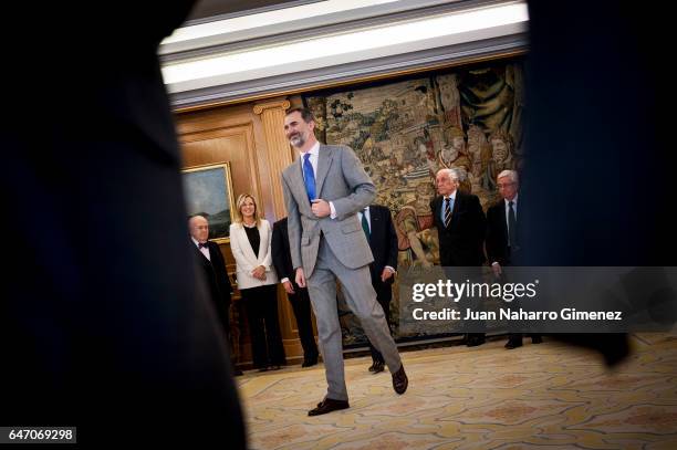 King Felipe VI of Spain receives the representatives of the 'Comite Ejecutivo del Homenaje Universal al Idioma Espanol' at Zarzuela Palace on March...