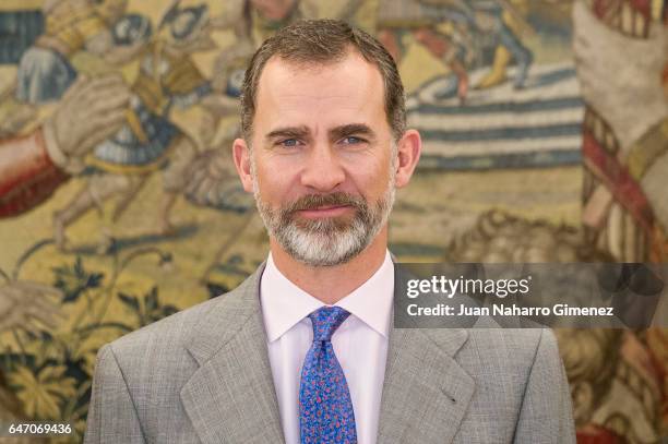 King Felipe VI of Spain receives the representatives of the 'Comite Ejecutivo del Homenaje Universal al Idioma Espanol' at Zarzuela Palace on March...