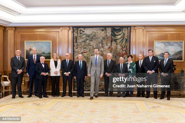 King Felipe VI of Spain receives the representatives of the 'Comite Ejecutivo del Homenaje Universal al Idioma Espanol' at Zarzuela Palace on March...